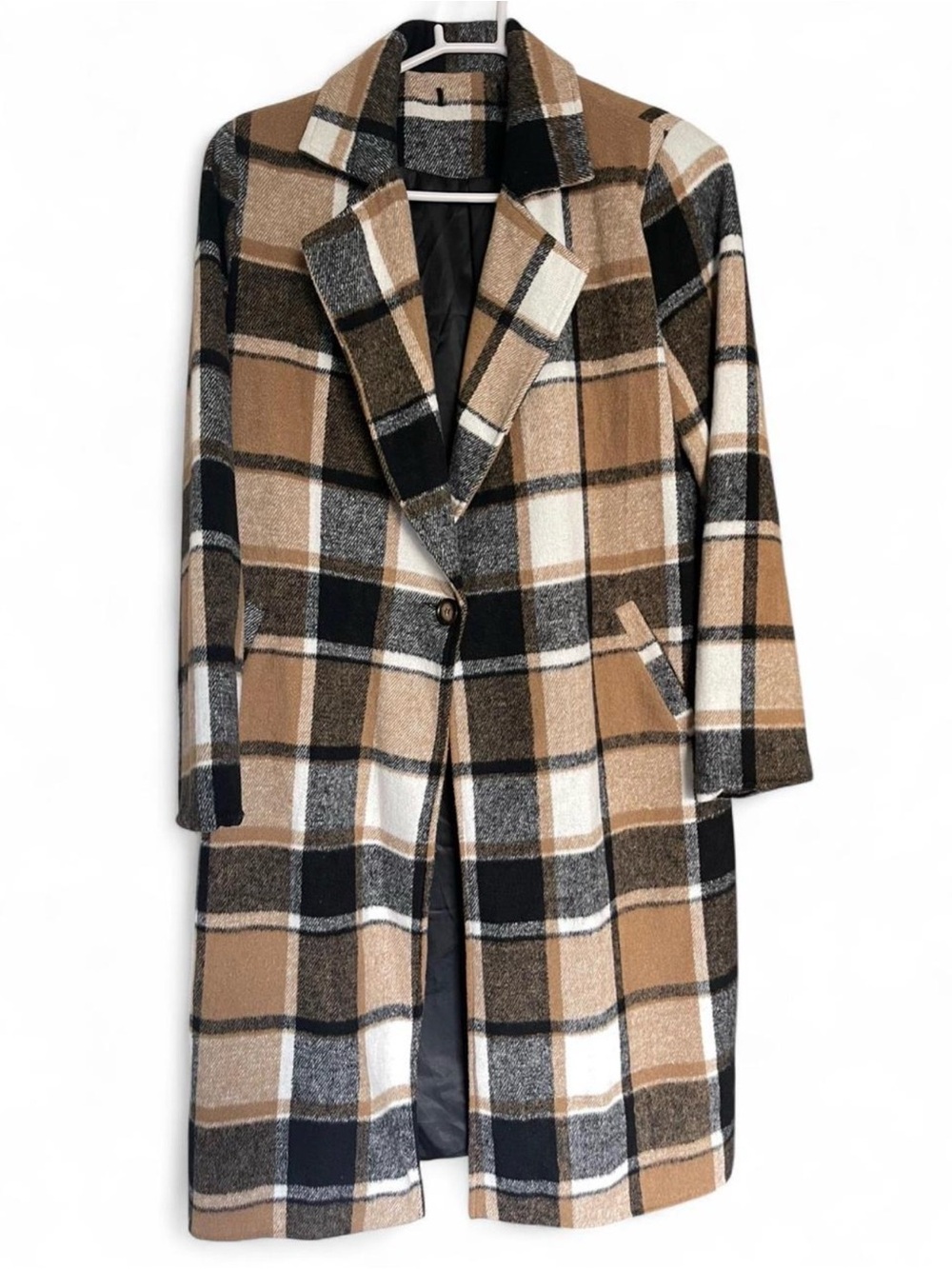 Plaid Trench Coat in Brown, Black, and White
